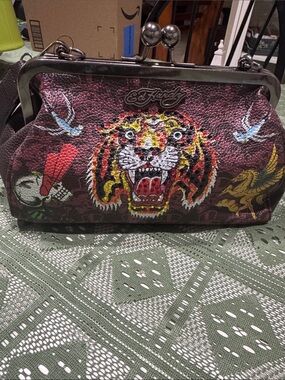 Ed Hardy Maroon Leather Tiger Kiss-Lock Clutch